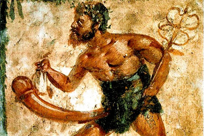 Figura portafortuna che fonde gli attribuiti di due divinità dell'abbondanza: Priapo  (riconoscibile dall'enorme fallo in erezione), dio della fecondità, e Mercurio, dio del commercio, riconoscibile dal caduceo. Affresco da Pompei databile dall'89 aC al 79 dC. - Napoli, Museo Archeologico Nazionale