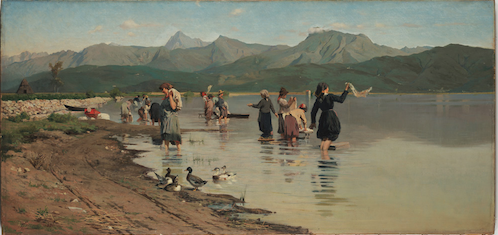Eugenio Cecconi, Lavandaie a Torre del Lago (1880; olio su tela, 50,5 x 106,5 cm; Milano, Museo Nazionale Scienza e Tecnologia Leonardo da Vinci)